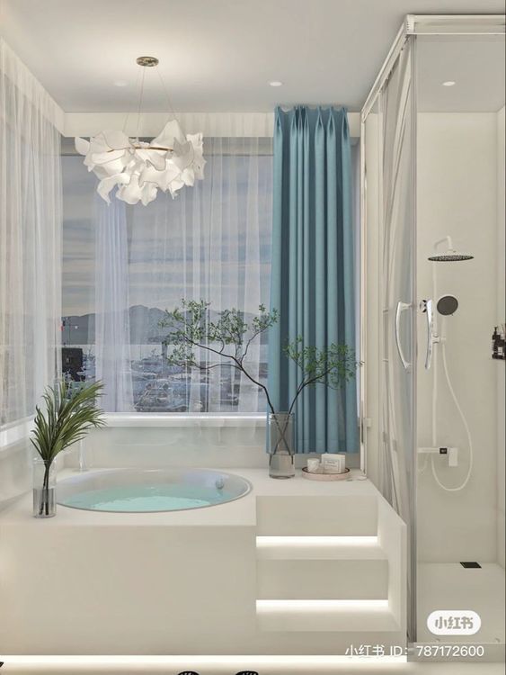 a quaint bathroom, styled in aqua blues and whites, with a shower and inset bathtub just big enough for two. bathroom