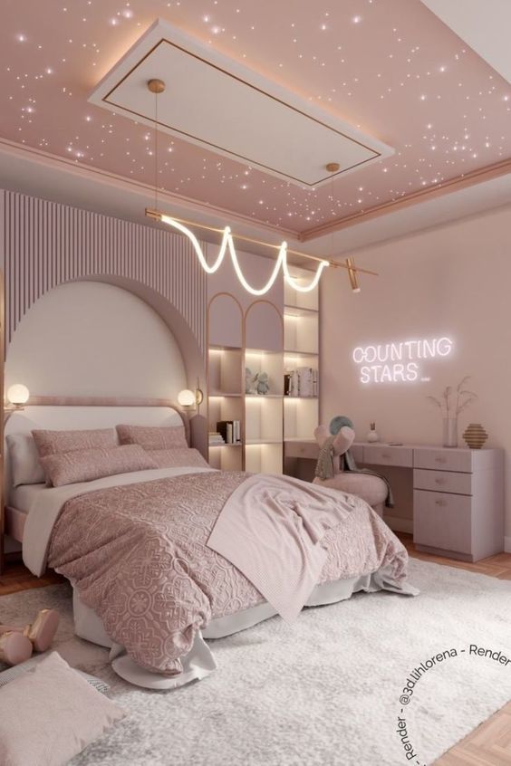 rinoa's bedroom. pink and with starry sky motifs. bedroom